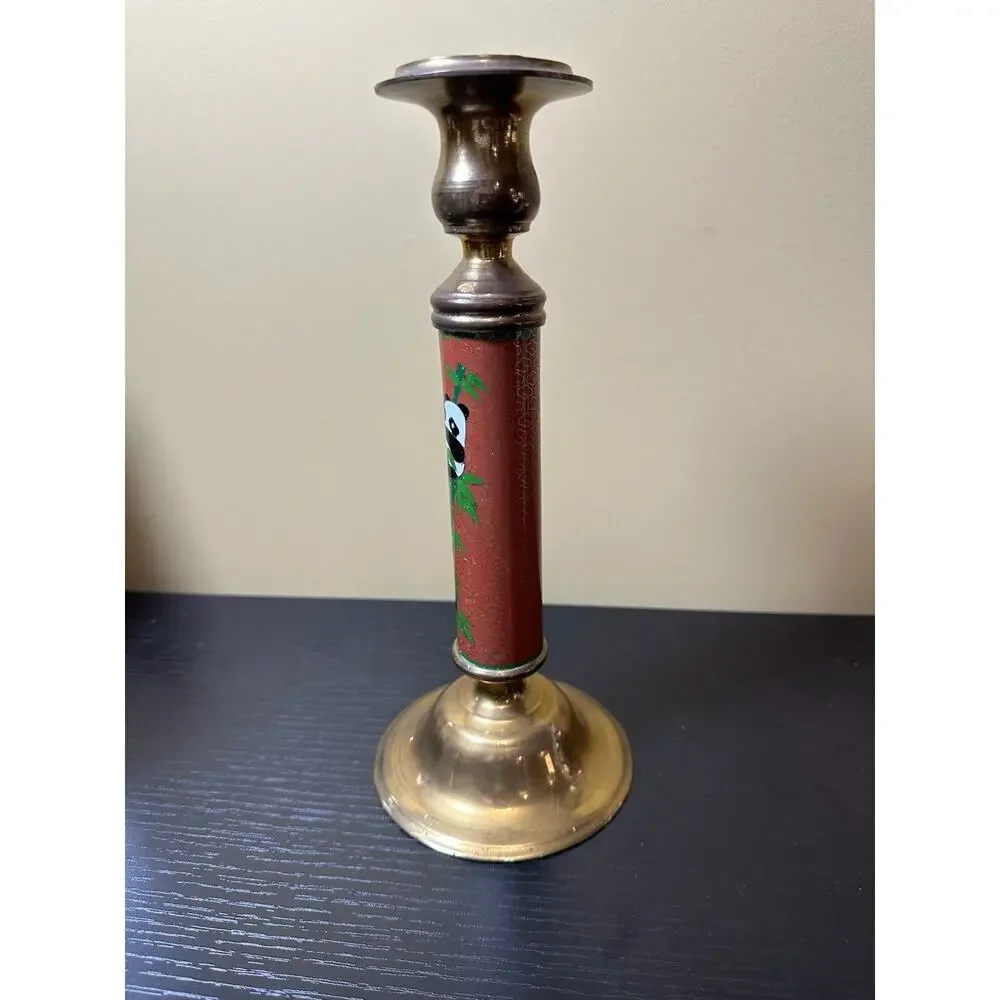 Vintage Brass Cloisonne Panda Bamboo Taper Candlestick Holder Red Enamel 9.5 in.